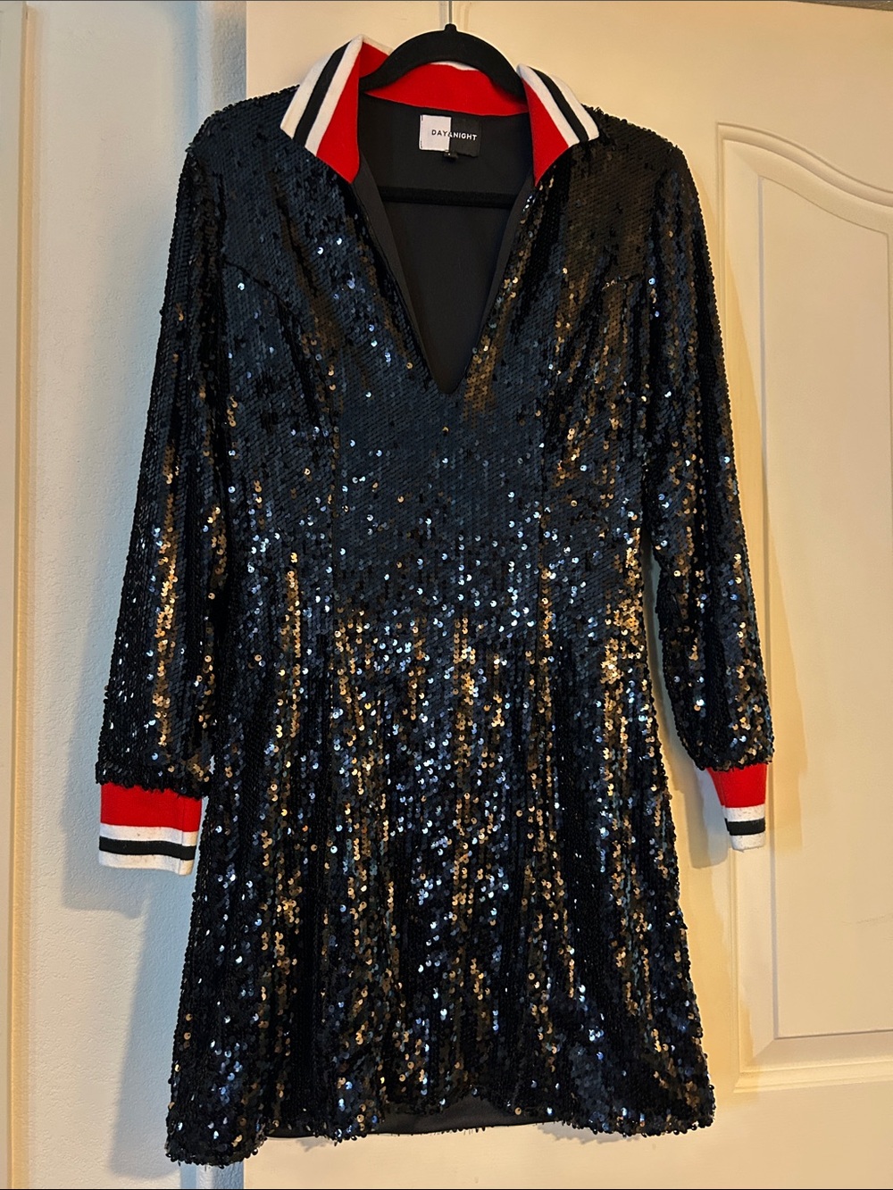 Day and Night Black Sequin Mini Dress with Red & White Trim